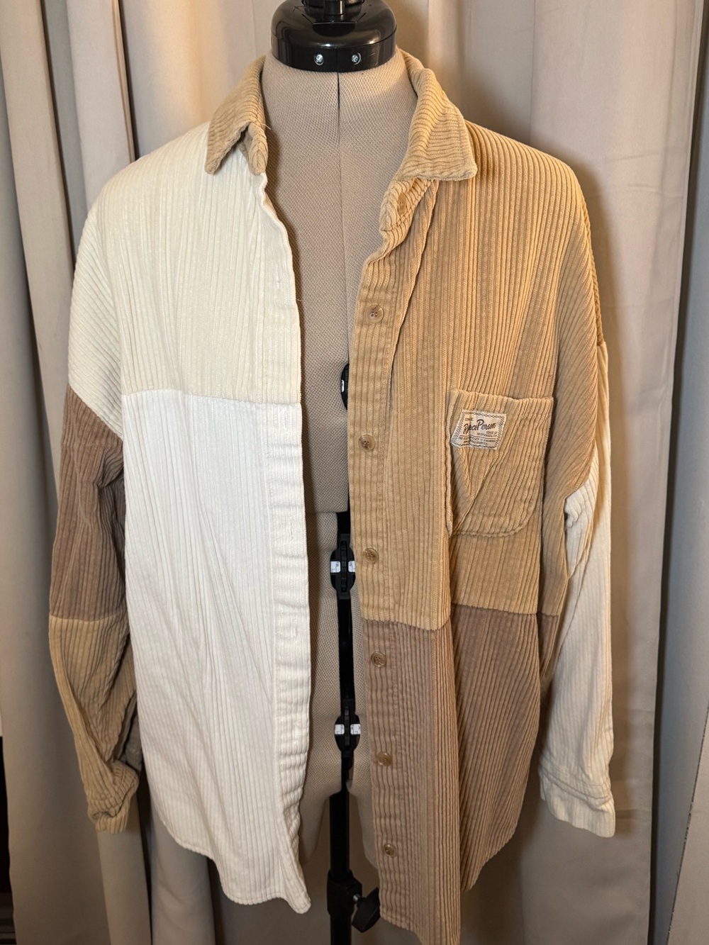 Patchwork Corduroy Button-Up Shirt Jacket - Beige & Cream
